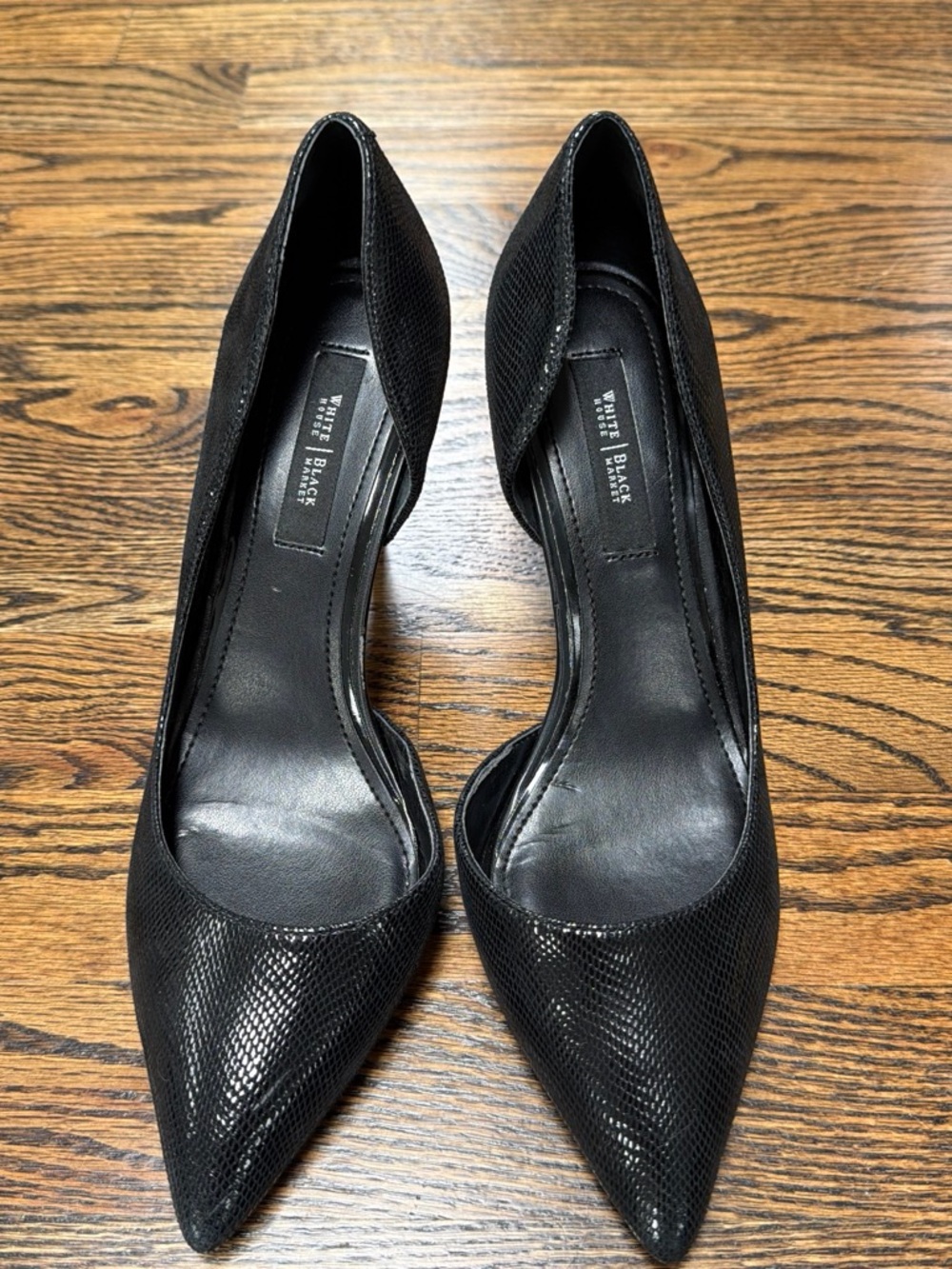 White House Black Market Snakeskin Black Pointed Heels Sz 8